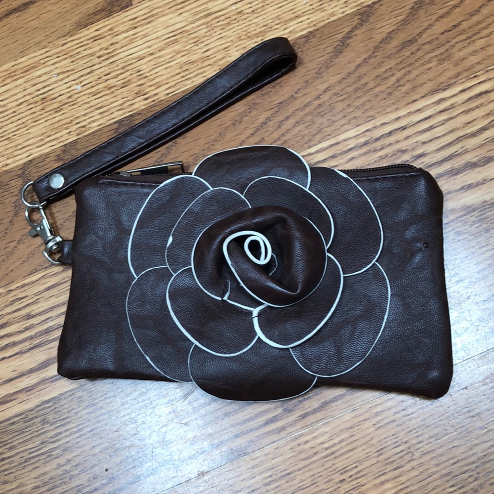 Brown Vegan leather wristlet with flower appliqué